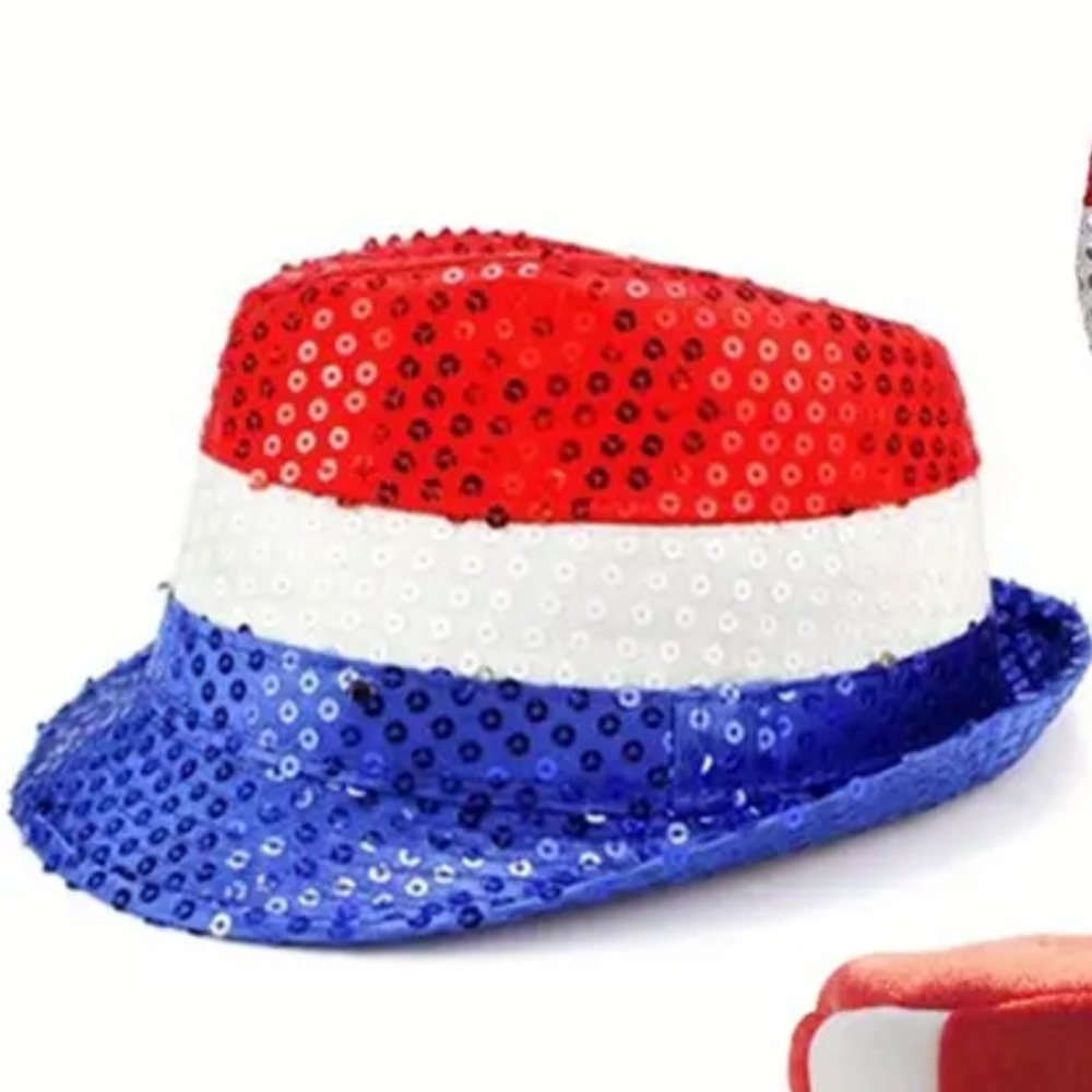 USA patriotic short brim fedora hat red white blue sequined unisex new